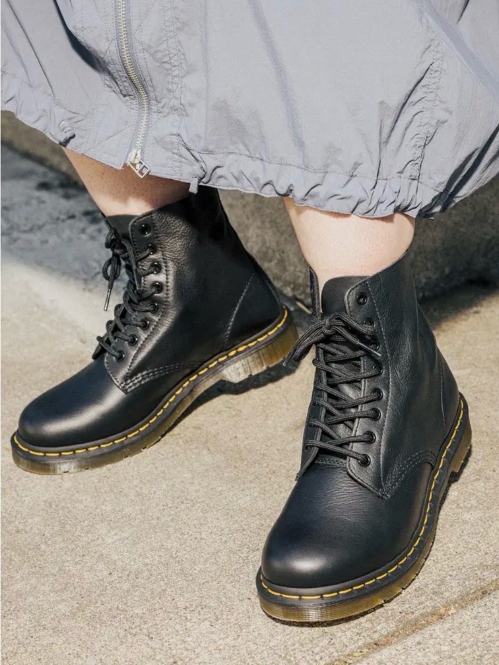 Dr. Martens Black Pascal Leather Lace-Up Combat Boots with Yellow Stitching